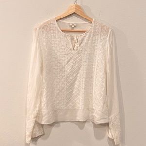 J Jill White Long Sleeve Embroidered Lightweight white Sheer Top Bell Sleeves
